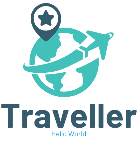 Desenho do planeta Terra com um avião, ambos de cor verde, simulando uma volta ao redor do mundo. Há um ícone de GPS na cor azul no topo. A palavra 'Traveller - Hello World' está escrita abaixo do globo, na cor azul marinho.